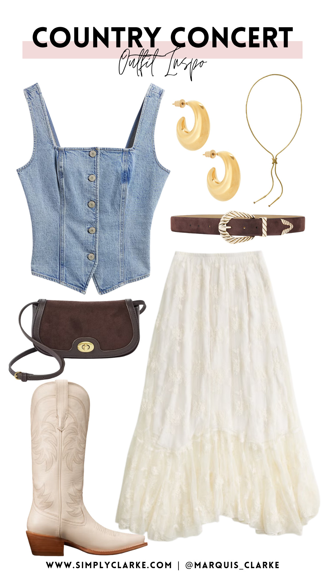 Country concert outfit idea! Pair a denim vest with a flowy white maxi skirt and cream cowboy boots, then add a western belt and gold jewelry. Everything is linked here! 

country concert outfit - western outfit idea - denim vest outfit - white maxi skirt outfit - cream cowboy boots - country concert fashion - western accessories

 

 #LTKootd #LTKmomlife #LTKSeasonal