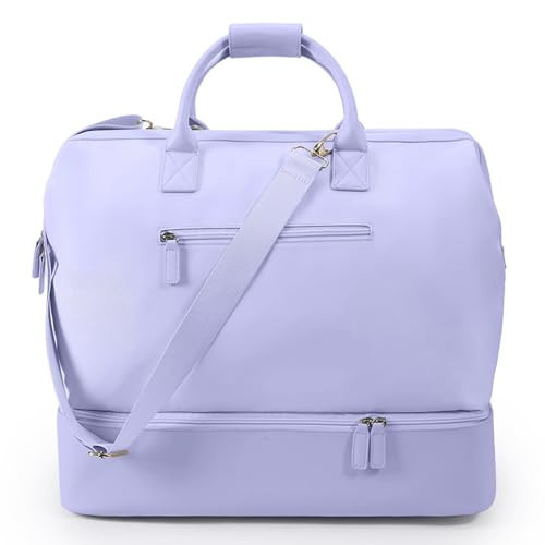 NOBL Travel Weekender Bag for Women & Men, Large Duffel Carry-On Tote with Trolley Sleeve, Separate Shoe Compartment & Laptop Pocket, Leather Overnight Bag for Airplane, Gym, Road Trips - Lavender | Amazon (US)