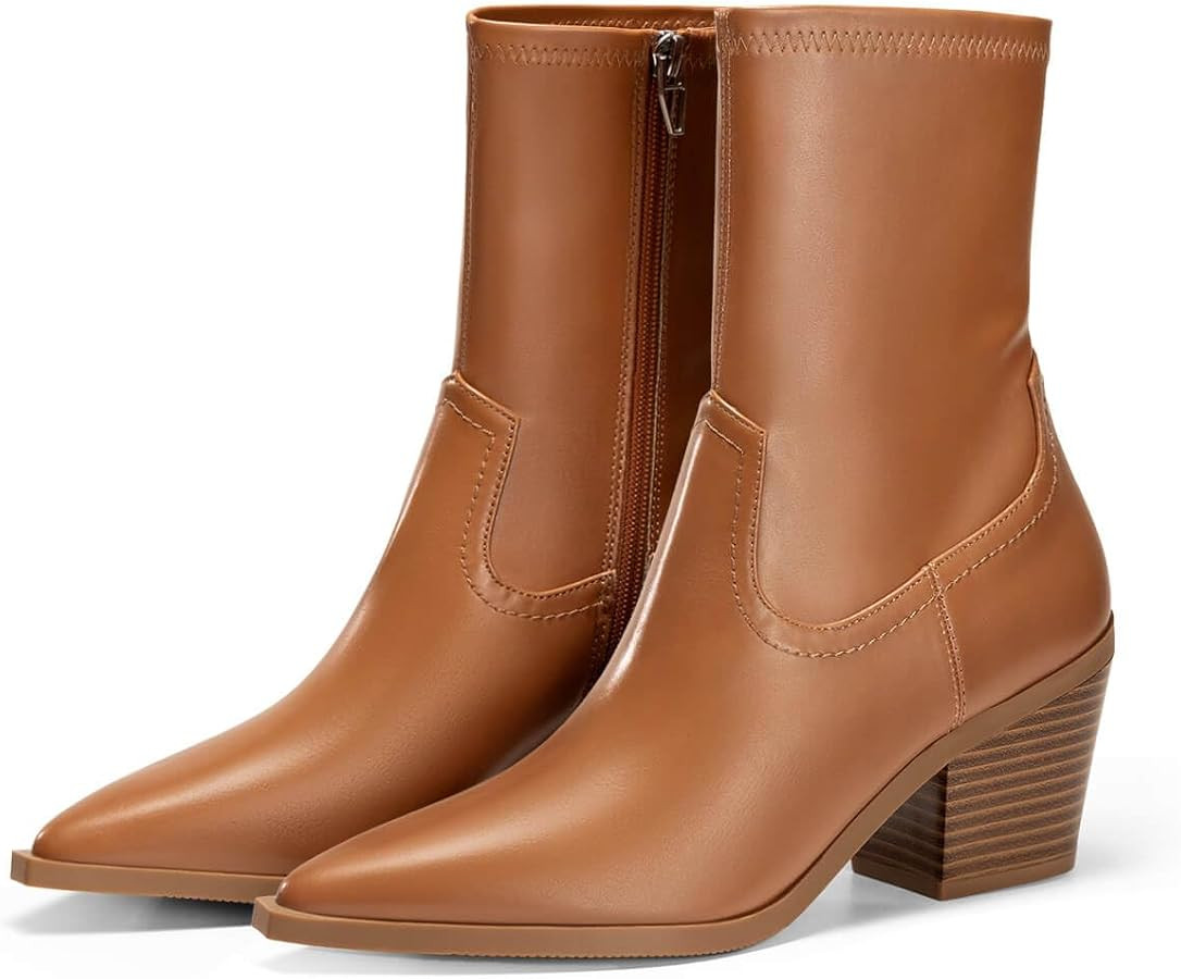 Coutgo Womens Pointed Toe Ankle Boots Chunky Stacked Heel Side Zipper Leather Fall Booties Shoes | Amazon (US)