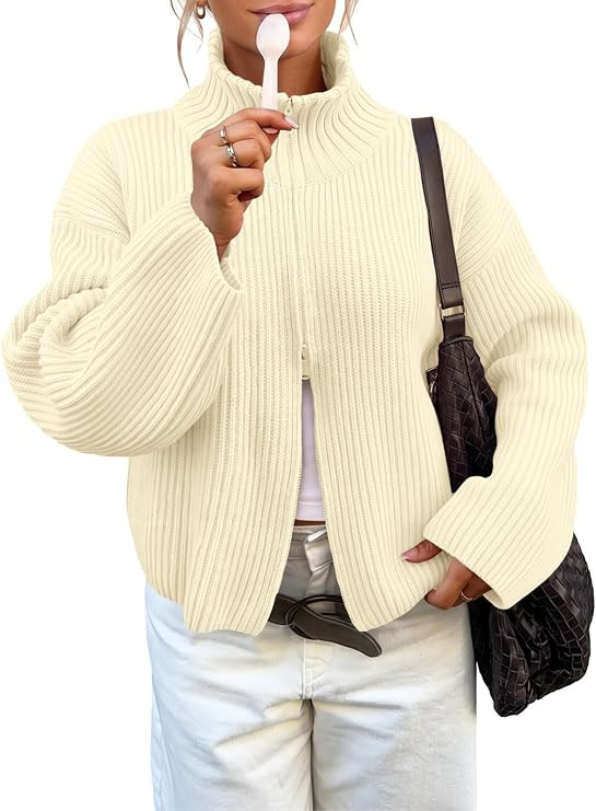 Womens Zip Up Chunky Cardigan Ribbed Knit Mock Neck Sweater Jacket | Amazon (US)
