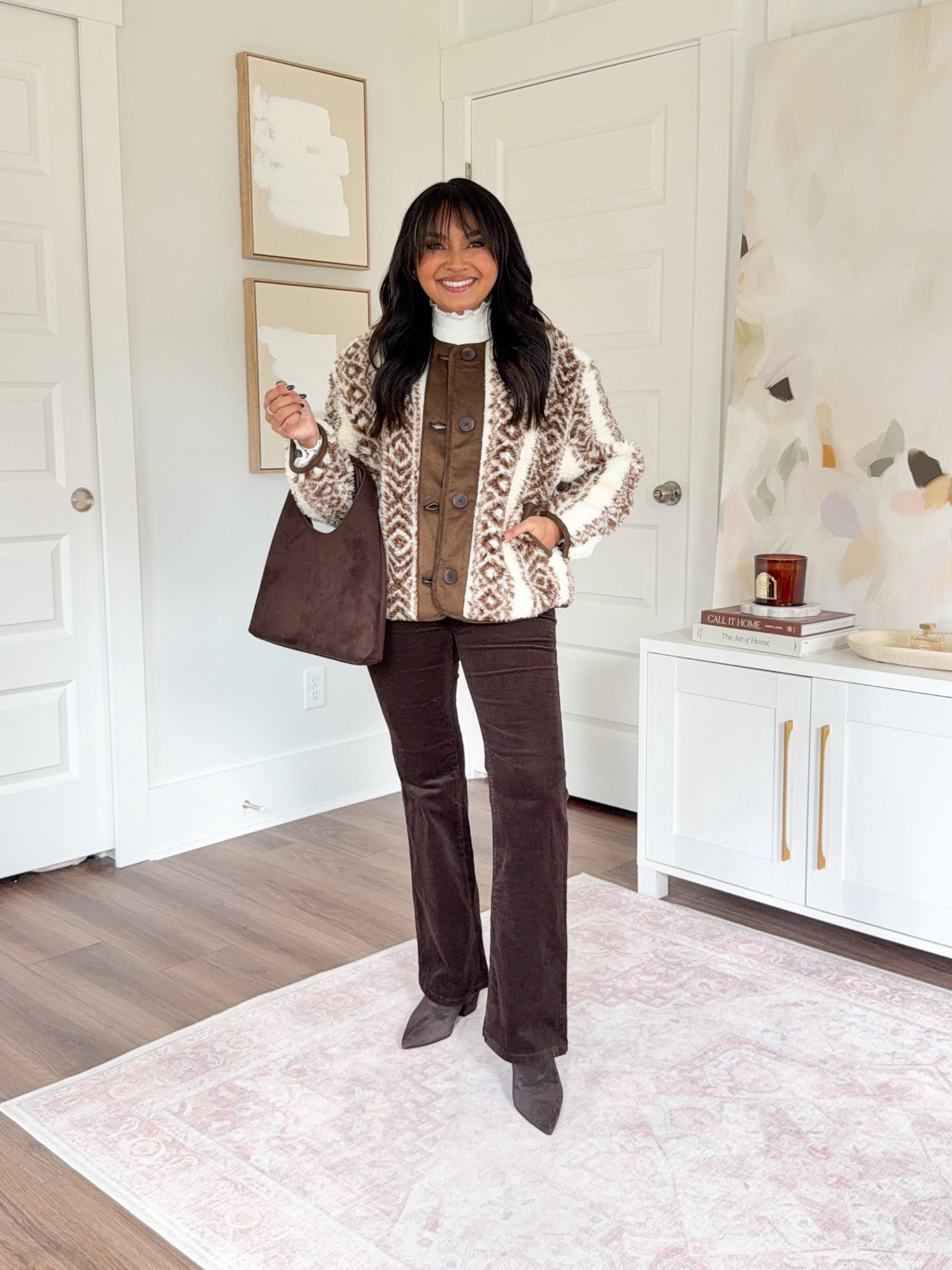 White sea salt color lettuce ribbed top size xs petite TTS
Brown iced espresso color corduroy pants size 26 petite TTS
Brown cozy jacket size xs petite TTS
Dark brown boots size 5.5 TTS

#LTKPetite #LTKStyleTip #LTKSaleAlert