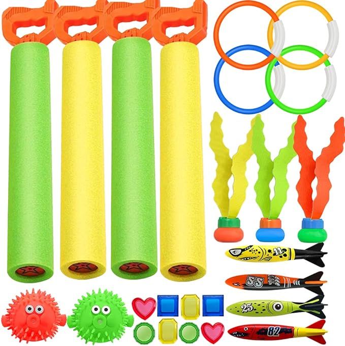 heytech 25 Pack Dive Pool Toys Blaster Torpedo Dive Rings and Diving Toys Pool Dive Toy Set Gift ... | Amazon (US)