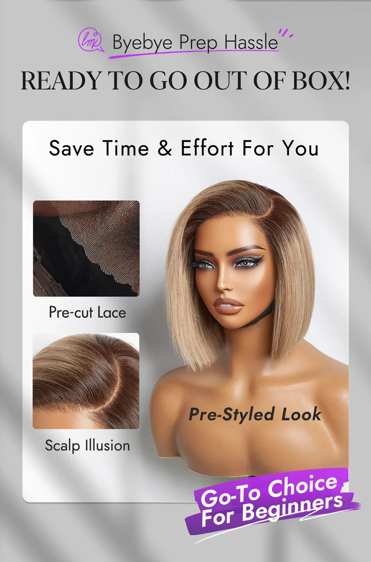 Ash Blonde Ombre Blunt Cut Bob Glueless HD Lace Wig | Luvmehair