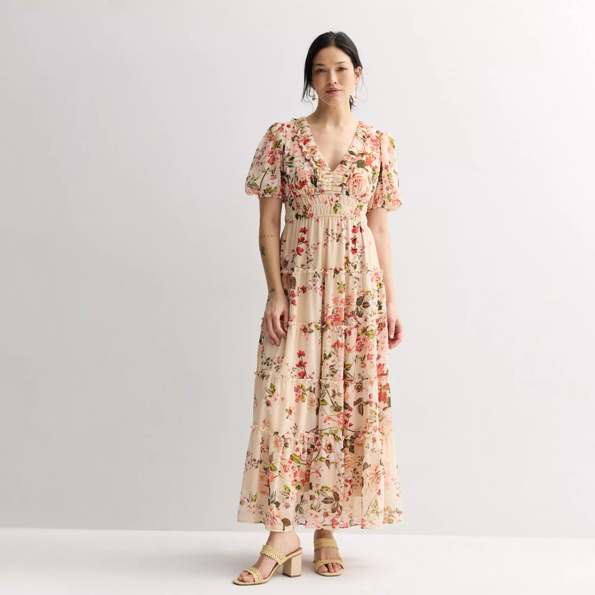 Women's Maison Tara Ruffle V-Neck Tiered Chiffon Maxi Dress | Kohl's