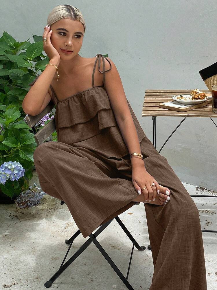 DAZY 2pcs/Set Women's Fashion Ruffled Crop Camisole Top And High Waist Tie Waist Wide Leg Casual Pants, Summer Lounge Sets For Women Short Sets For Women Vacation Outfits | SHEIN