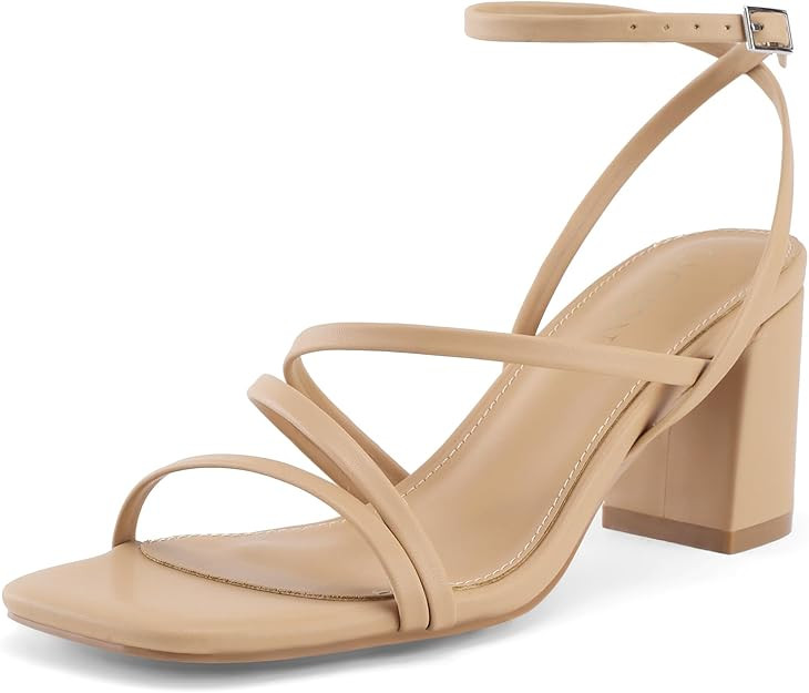 LACUONE Strappy Heels for women Block Heels Square Toe Chunky Ankle Buckle Pump Heeled Sandals | Amazon (US)