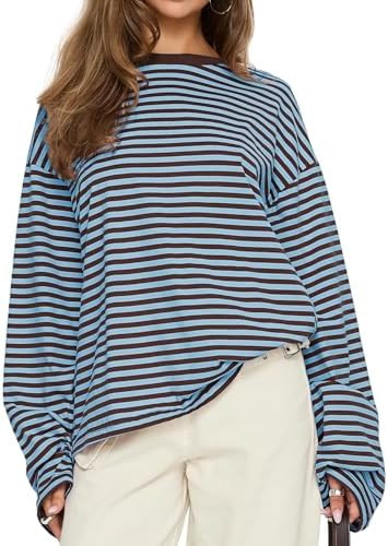 CHYRII Women Oversized Striped Long Sleeve T Shirt Fashion 2026 Crewneck Casual Fall Spring Tops ... | Amazon (US)