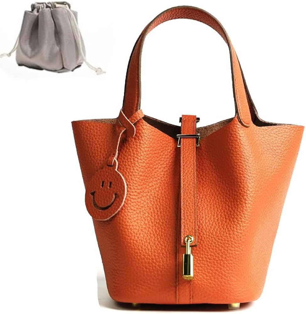 Genuine Leather Bucket Bag for Women, Lock Design, Top-Handle Tote, Shoulder Handbag | Amazon (US)