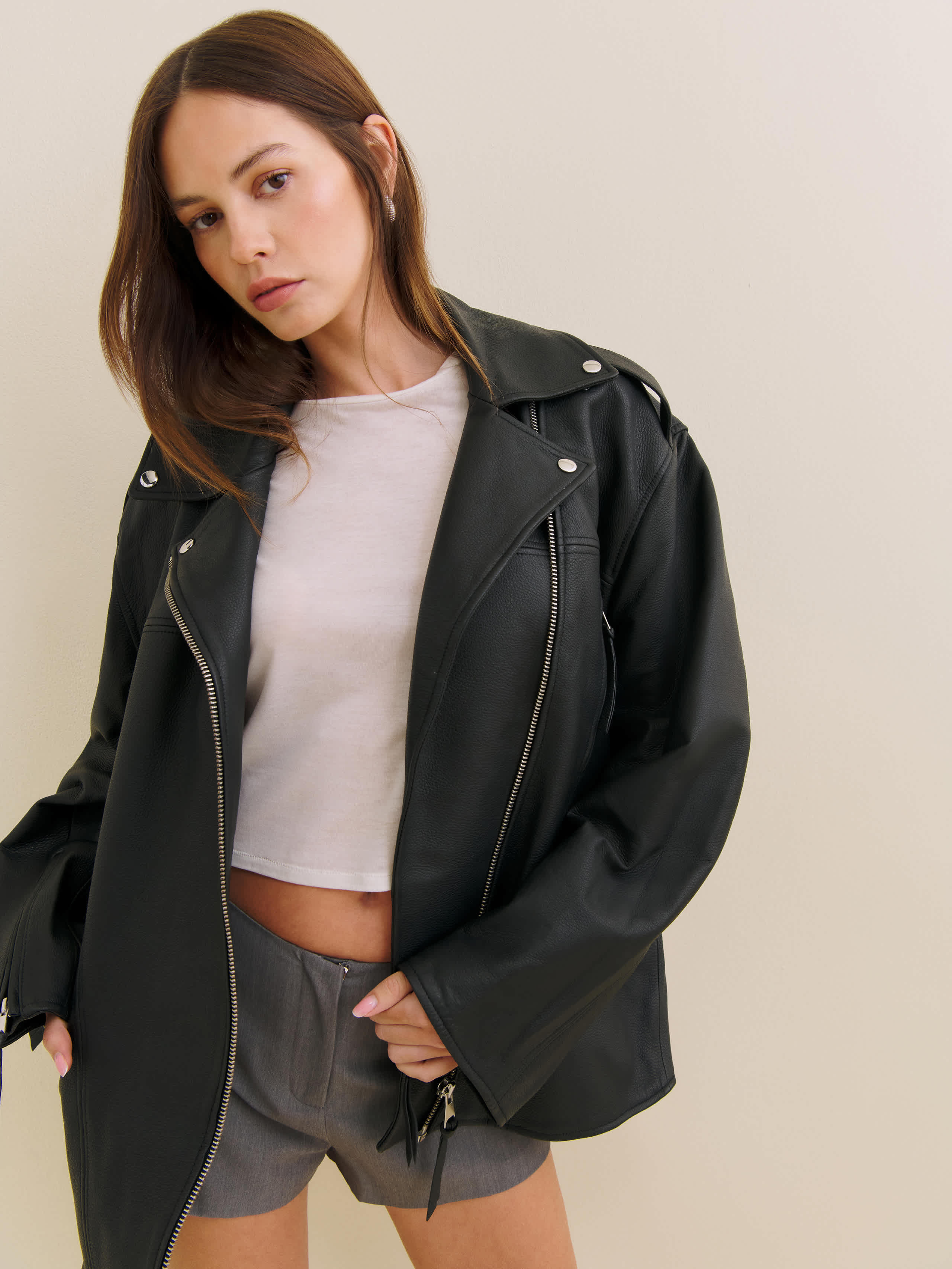 Reformation Veda Doyer Leather Jacket Black Pebble XS | Reformation (Global)