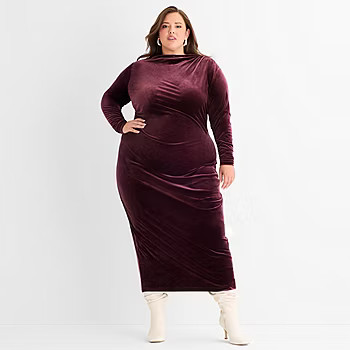 new!Ashley Graham Goddess Gather Velour Womens Plus Long Sleeve Bodycon Dress | JCPenney