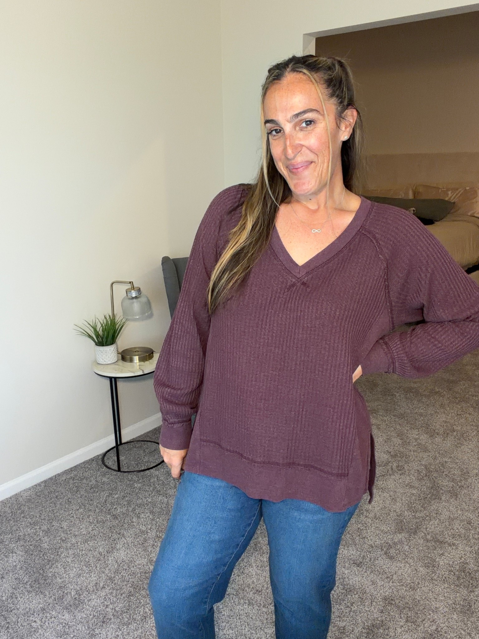 Great waffle knit top to wear with leggings! I sized up to a large in this one! 

#LTKOver40 #LTKFindsUnder50 #LTKStyleTip