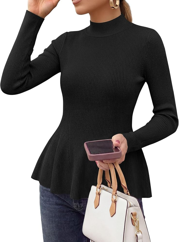 PRETTYGARDEN Womens Fall Mock Neck Long Sleeve Tops Bodycon Peplum Sweaters | Amazon (US)