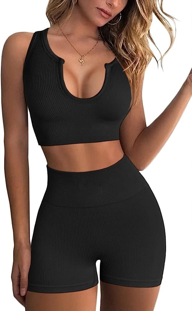Amazon.com: FAFOFA Ribbed Booty Shorts for Women High Waist,Seamless Workout Bra 2 Piece Outfits ... | Amazon (US)