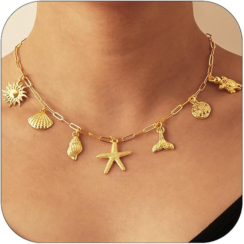 Charm Necklace for Women, 14K Gold Plated Shell Sun Starfish Summer Beach Necklace 16+3" Papercli... | Amazon (US)