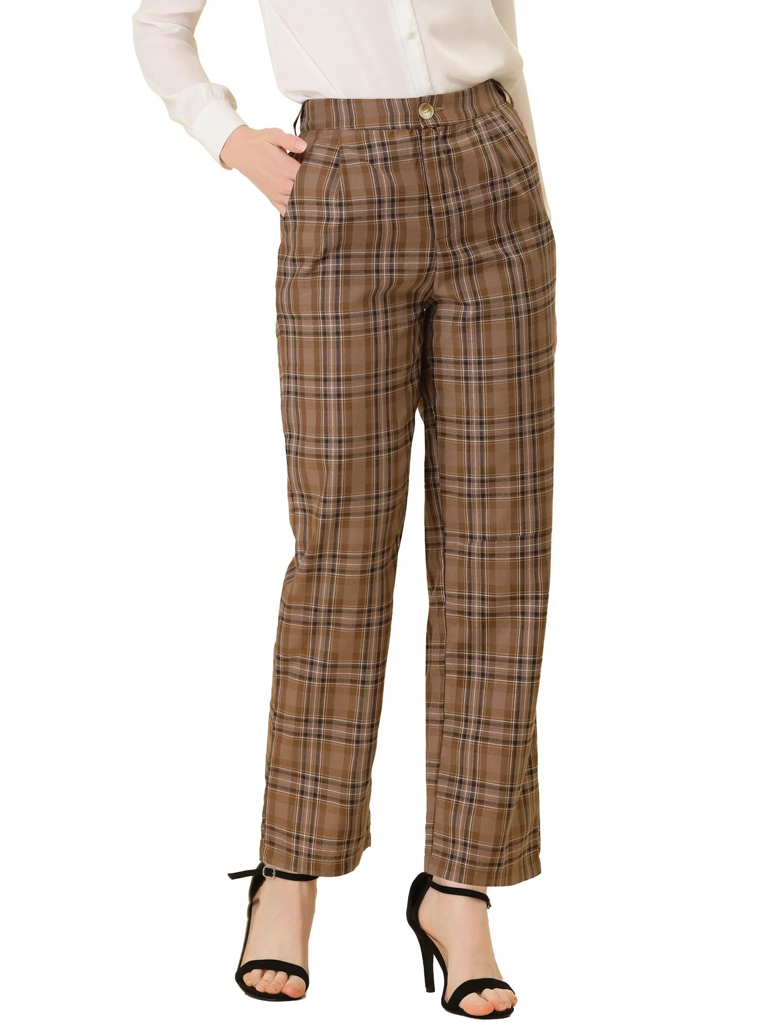 Unique Bargains Women's Christmas Plaid Trousers Pockets Straight Leg Casual Pant | Walmart (US)