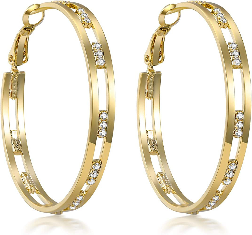 GANADARA Cubic Zirconia Hoop Earrings for Women - 14K Gold Plated 925 Sterling Silver Shiny Wide ... | Amazon (US)