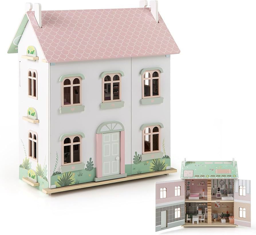 HONEY JOY Doll House, 3-Story Wooden Dollhouse Playset w/Double-Sided Roofs, 5 Rooms, 19 Accessor... | Amazon (US)