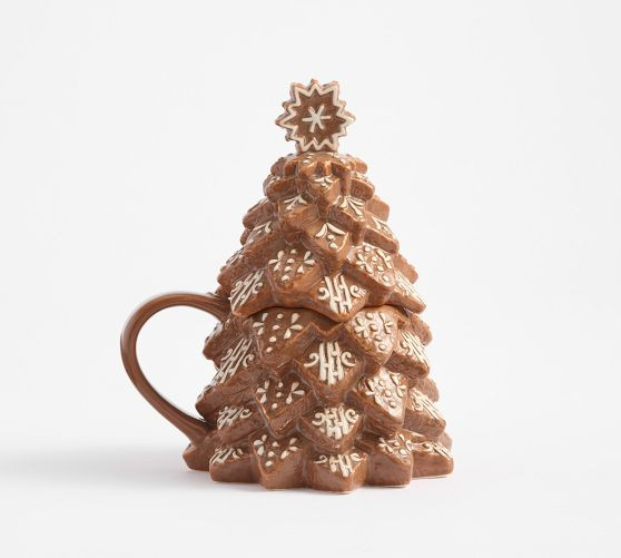 Gingerbread Tree Lidded Stoneware Mugs | Pottery Barn (US)