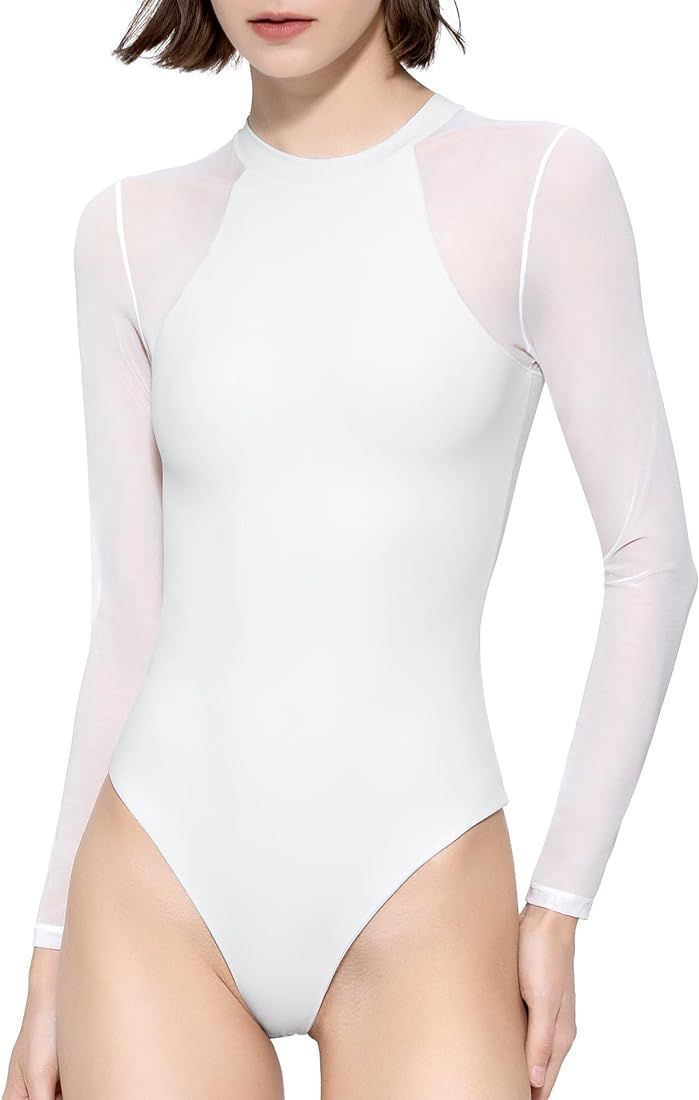 Mesh Long Sleeve Bodysuit for Women Crew Neck Body Suits Sexy Sheer Tops Smoke Cloud Pro Collecti... | Amazon (US)