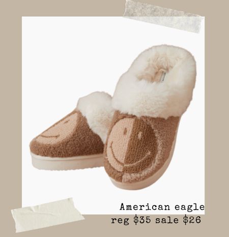 Smiley face slippers 
Shearling 
Fall 
Winter 
American eagle 

#LTKSeasonal #LTKshoecrush #LTKunder50