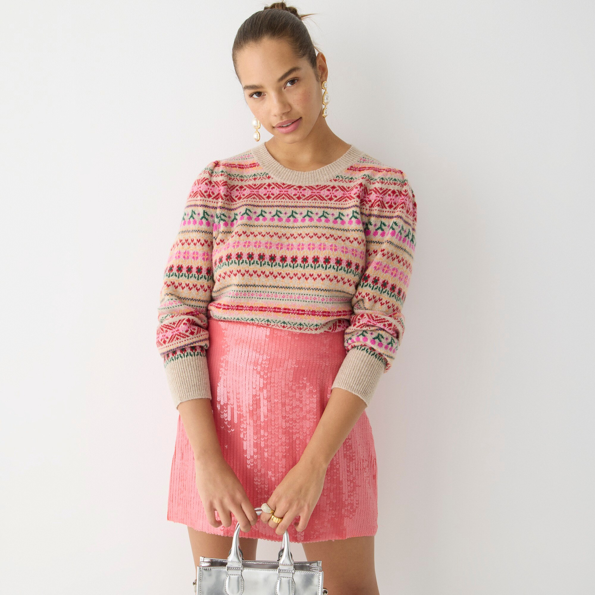 Puff-sleeve Fair Isle crewneck sweater | J. Crew US