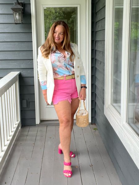 Stunning sky blue satin paisley blouse paired with bright pink denim shorts! My Ivory blazer and braided sandals complete the look

#LTKGiftGuide #LTKover40 #LTKmidsize