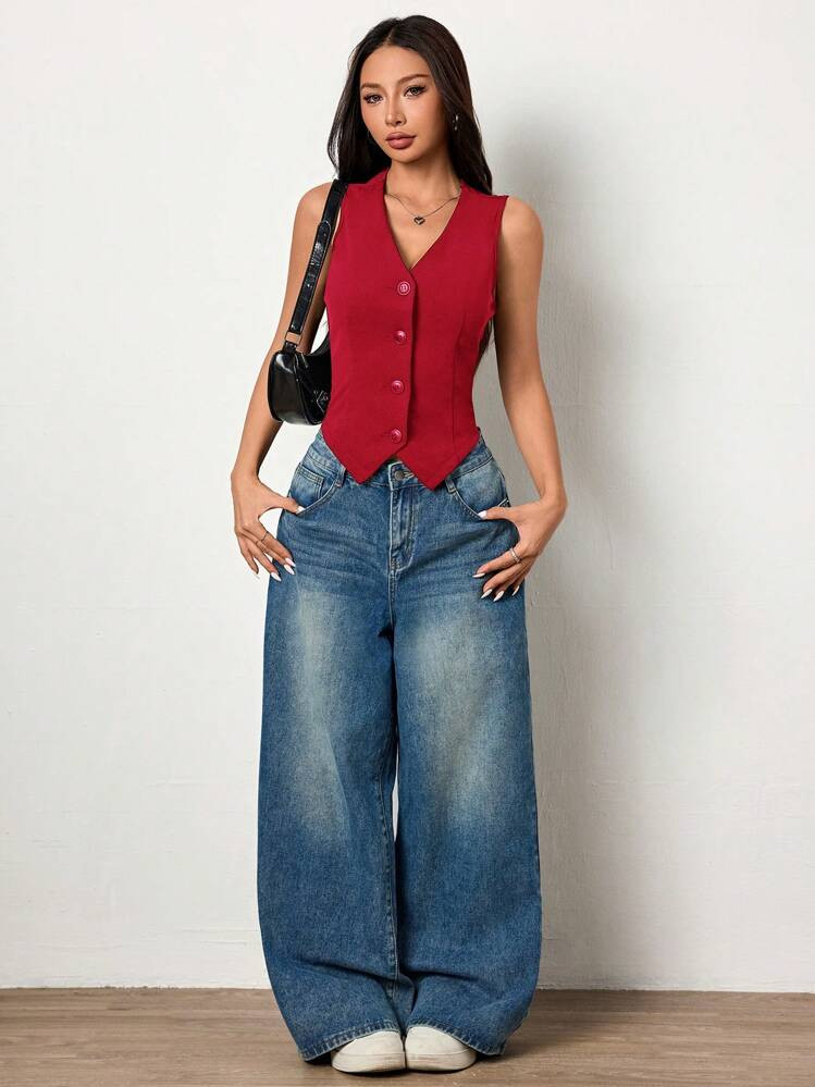 SHEIN Unity Solid Color V-Neck Knitted Fitted Women Vest | SHEIN