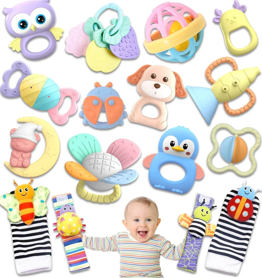AZEN 16 Pack Baby Rattles Teething Toys 3-6 Months, Baby Toys 0-6 Months, Newborn Infant Toys 6-1... | Amazon (US)