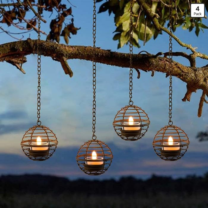 Solar Hanging Lanterns Outdoor Waterproof, Rust Iron Ball Candle Holder with Flickering Solar Pow... | Amazon (US)