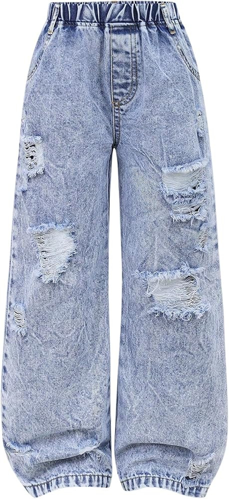 OYOANGLE Toddler Girl's Ripped Jeans Elastic Waist Baggy Wide Leg Denim Pants with Pockets Street... | Amazon (US)