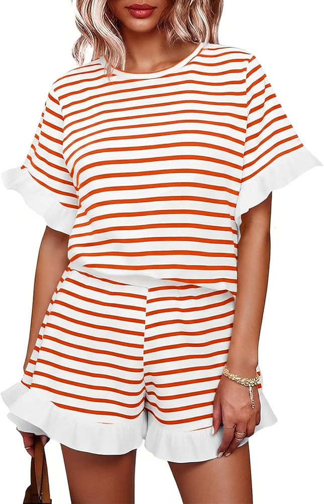 Tankaneo Womens 2 Piece Striped Shorts Set Ruffle Short Sleeve Tops Hight Waist Shorts Matching S... | Amazon (US)