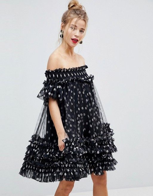 ASOS Bardot Tulle Ruched Mini Dress in Polka Dot | ASOS US