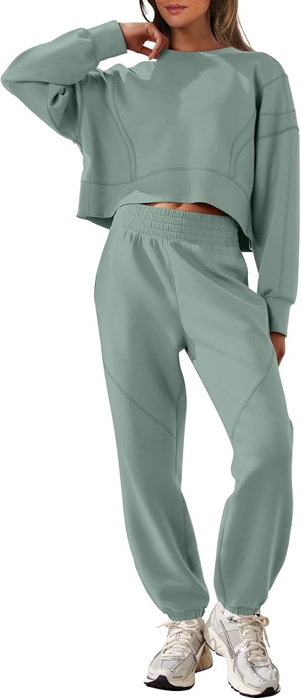 ANRABESS Womens 2 Piece Outfits Lounge Sets Cropped Sweatshirt & Joggers Fashion Sweatsuit Sweat ... | Amazon (US)