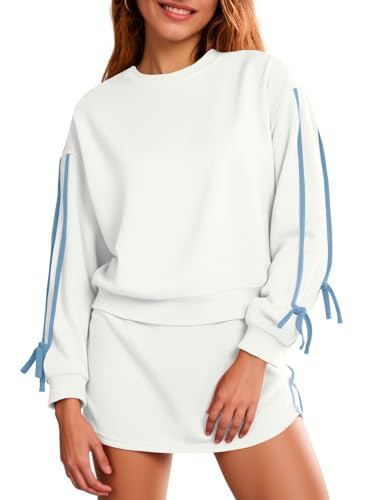 Fisoew Womens 2 Piece Outfits Casual Crewneck Tie Sweatshirt High Waisted Running Skort Skirts Workout Tracksuit Sets | Amazon (US)