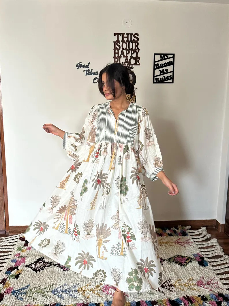 Palm Tree Print Cotton Dress, Boho Summer Smock Dress, Jaipur Handprint Tunic, Plus Size Loose Fi... | Etsy (Global)