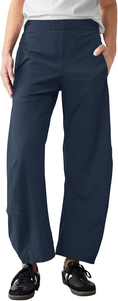 Womens Barrel Travel Pants Elastic Waist Baggy Ankle Pants with Pockets | Amazon (US)