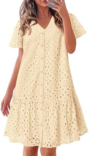 KIRUNDO Eyelet Dresses for Women 2026 Spring Summer Short Sleeve Button Down Loose Mini Babydoll ... | Amazon (US)