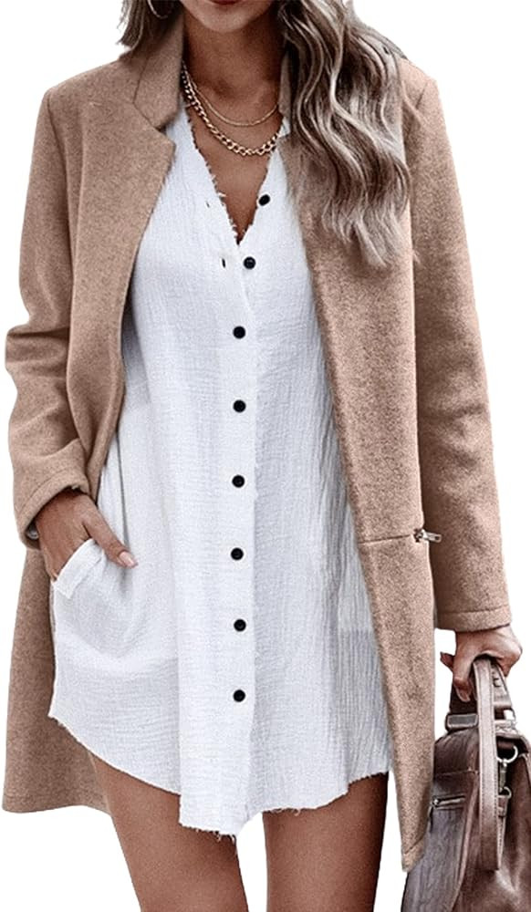 Angashion Women’s Coat, Long Sleeve Stand Collar Cardigan Mid-Long Open Front Outwear Overcoat ... | Amazon (US)