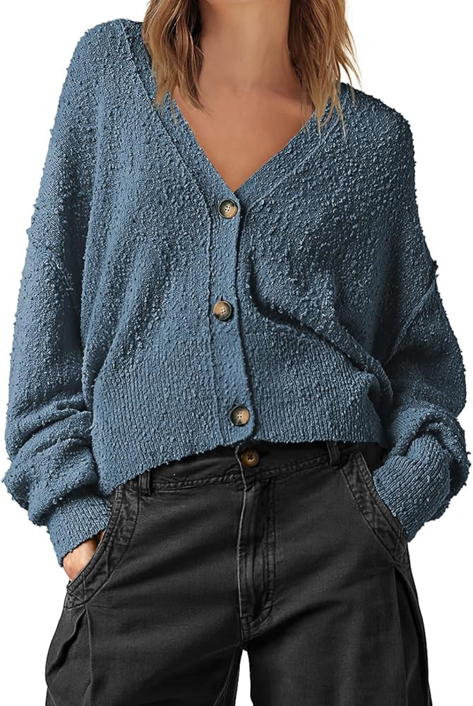 MEROKEETY Women's Oversized Open Front Cropped Cardigan Sweater Chunky Knit Long Sleeve Button Fa... | Amazon (US)