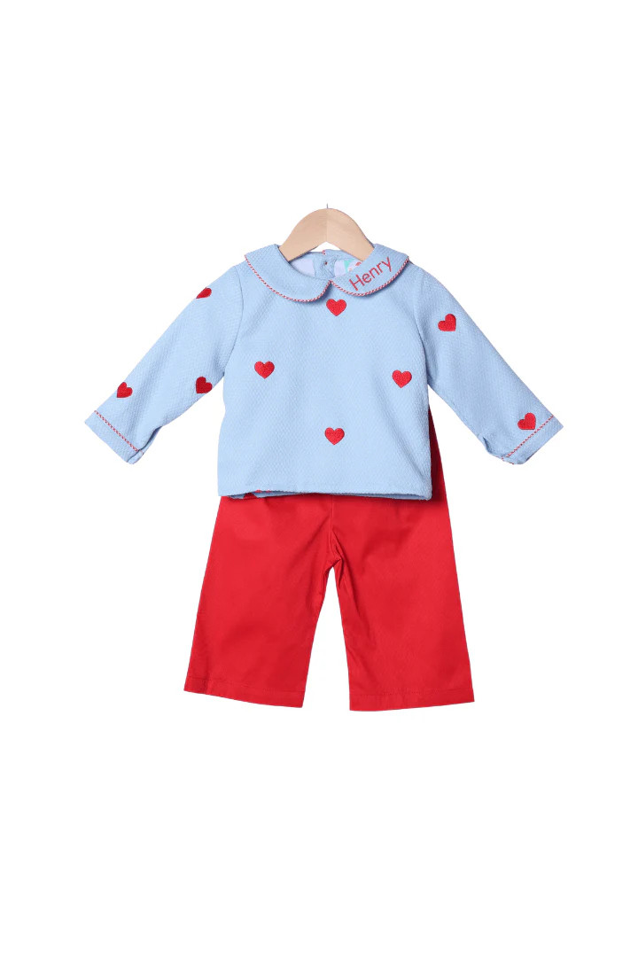 Embroidered Hearts Blue Honeycomb Pant Set | The Smocked Flamingo