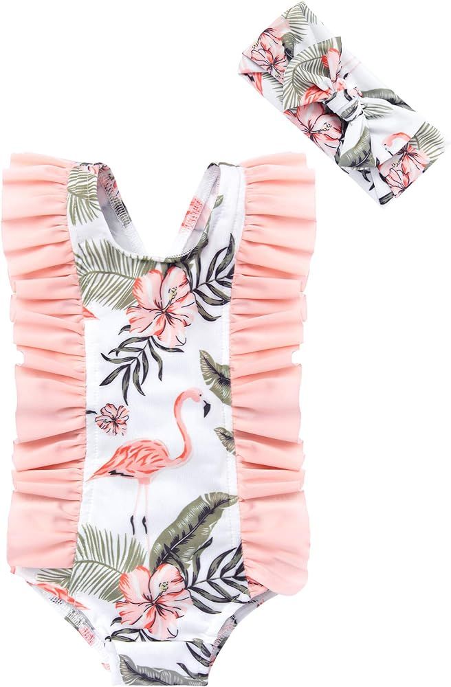 Newborn Baby Girls Swimsuit Ruffle Collar Floral Swimsuit Two Piece Bikini Sunsuit UPF 50+ UV | Amazon (US)