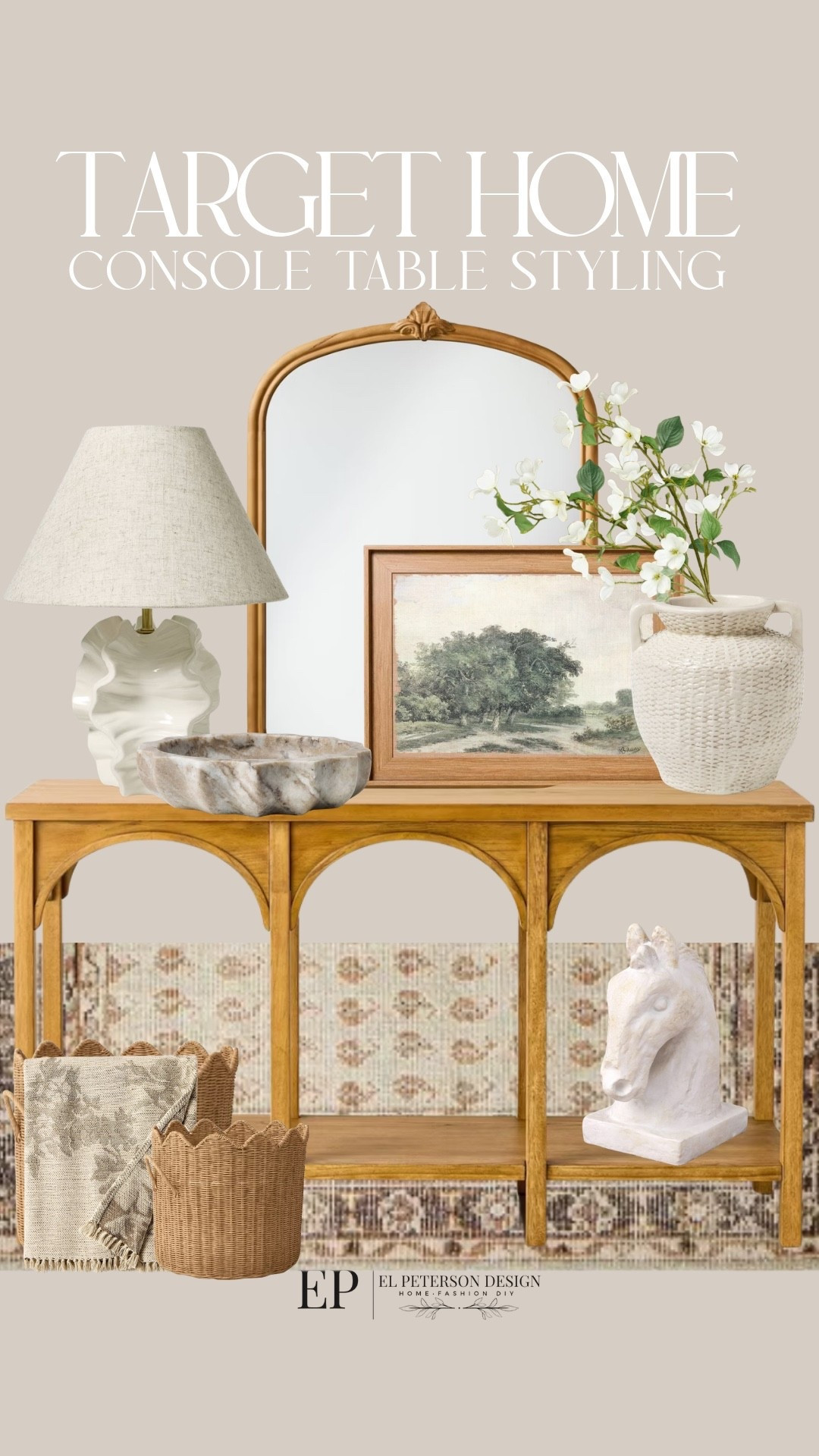 Target
Area rug
Console table
Basket
Throw blanket
Mirror
Artwork
Vase
Stems
Table lamp
Bowl 

#LTKHome