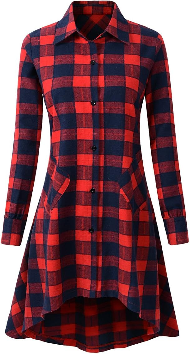 olrain Womens Plaids V Neck Long SleeveIrregular Hem Casual Shirt Dress | Amazon (US)