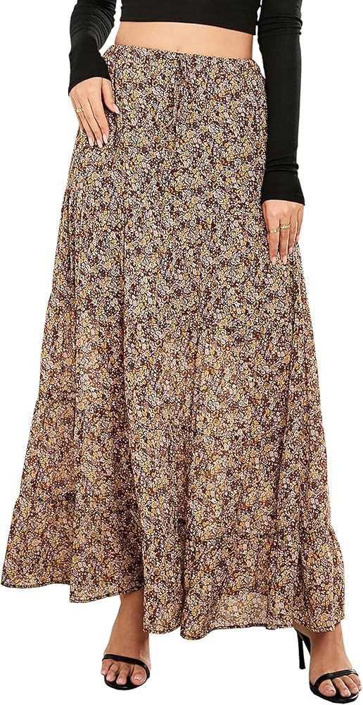 Tsher Women's Casual High Elastic Waist Ruffle Boho Pleated A-line Long Maxi Skirts 0333 | Amazon (US)