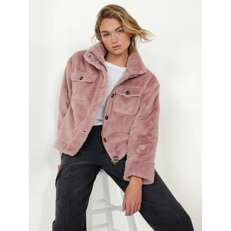 Time and Tru Women's Faux Fur Bungee Shacket | Walmart (US)