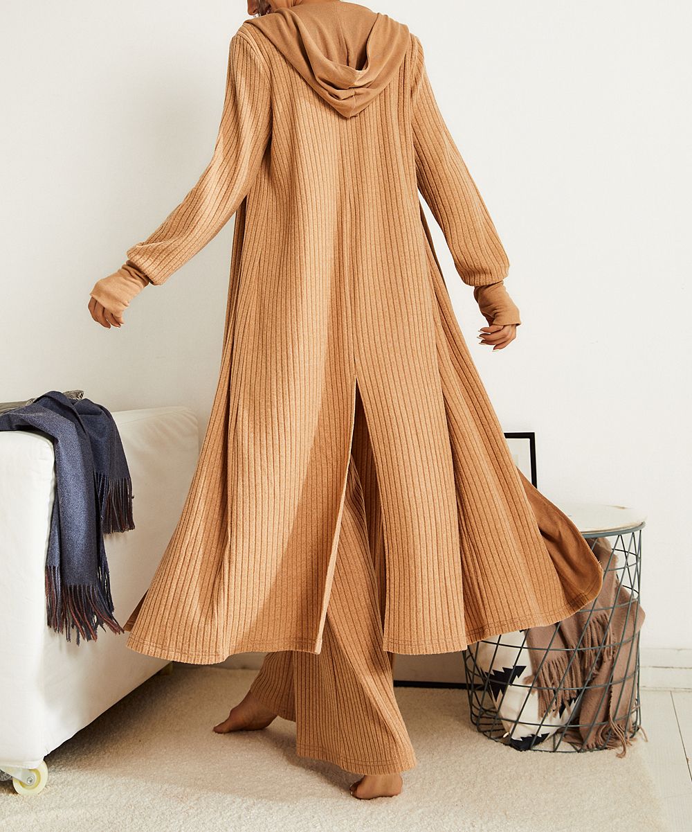 Simple by Suzanne Betro Women's Dusters 101TAN - Tan Ribbed Hooded Thumbhole Open Duster - Women & P | Zulily