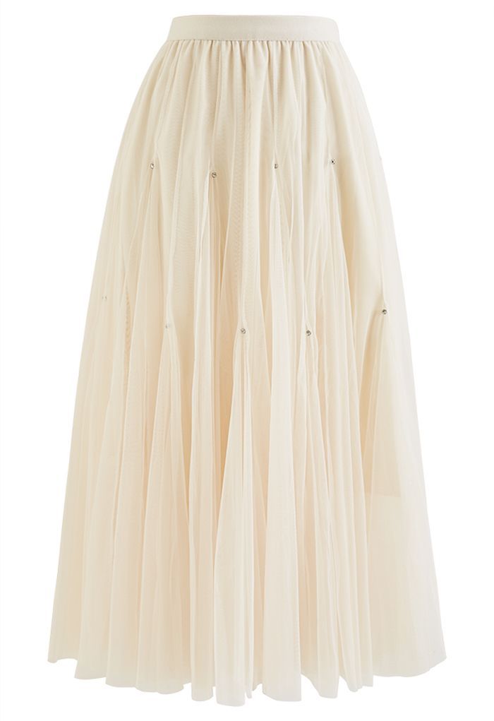 Crystal Embellished Solid Color Tulle Skirt in Cream | Chicwish