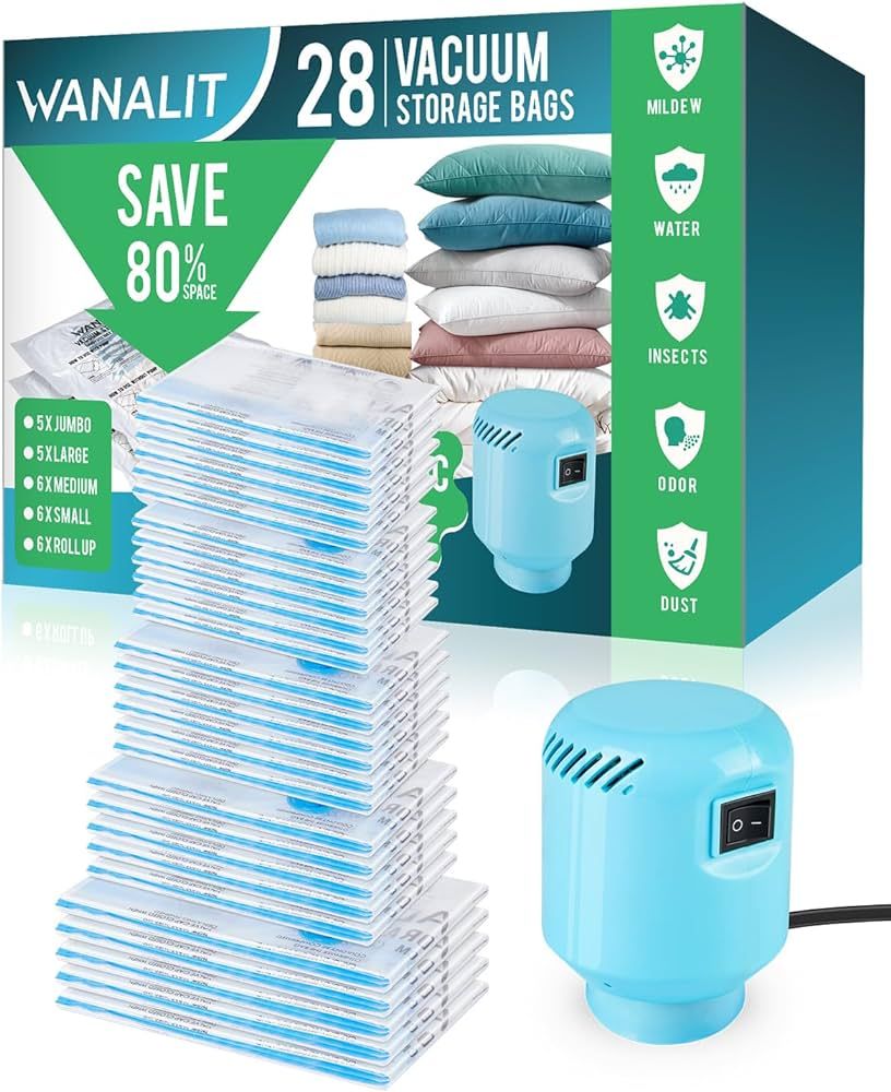 Vacuum Storage Bags with Electric Pump, 28 Pack (5 Jumbo, 5 Large, 6 Medium, 6 Small, 6 Roll Up B... | Amazon (US)