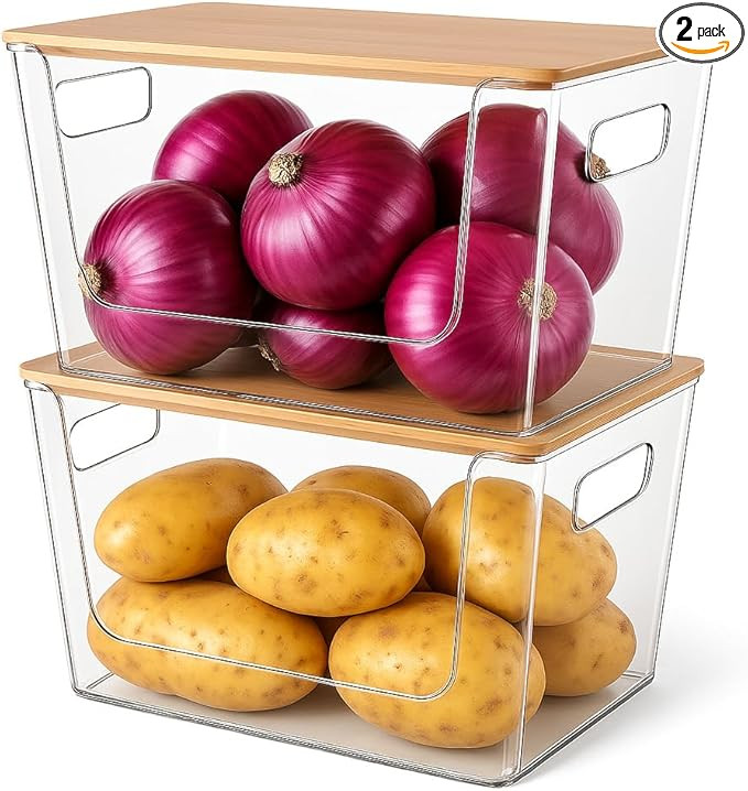 CiWiVOKi 2 Set Pantry Organizers and Storage - Clear Stackable Bins with Bamboo Lid for Fruit, On... | Amazon (US)