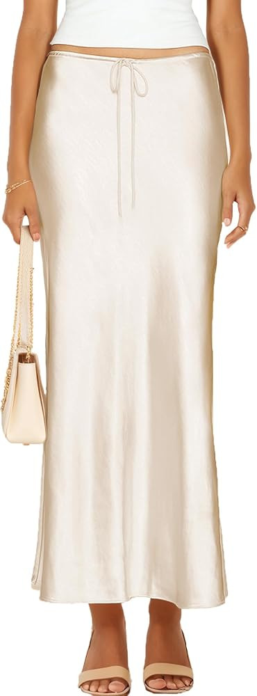 Womens Satin Silk Maxi Skirts Drawstring Flared Casual A-Line Long Skirt for Women | Amazon (US)